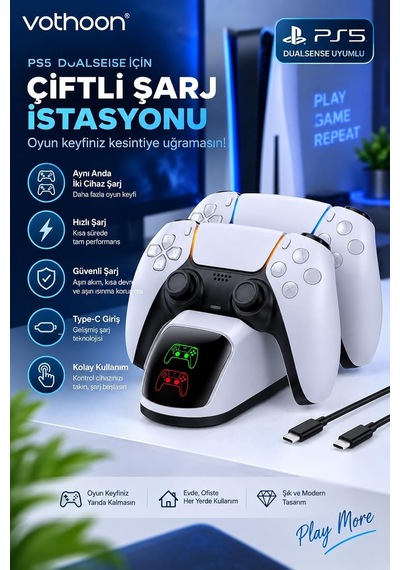 Tr Ps5 Dualsense Uyumlu Çiftli Şarj İstasyonu Hızlı Şarj Standı Led Şarj Göstergeli