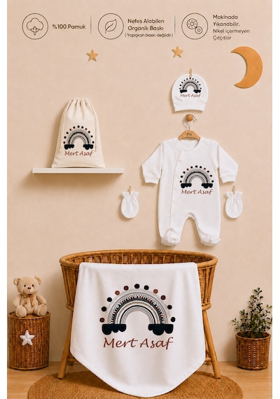 Pia Baby Erkek Bebek %100 Pamuk Hediye Seti 6 Lı İsimli Keseli Tulum Şapka Eldiven Battaniye Ve Yastık Kılıfı 1086tybk0x Krem