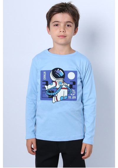 Hçm Erkek Çocuk Uzun Kollu Tshirt Astronot Baskılı Bisiklet Yaka B40 Açık Mavi