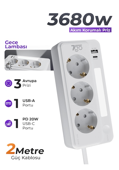 7go 7gsp1 3680w 3'lü Priz Beyaz Akım Korumalı 20w Pd Hızlı Şarj Usb 1.9m Kablolu Akıllı Led Ge 2 m
