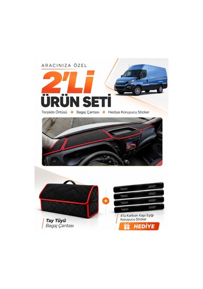 E-biz Iveco Daıly 2015-2021 Uyumlu Torpido Örtüsü + Tay Tüyü Bagaj Çantası - Siyah-kırmızı - Iv002