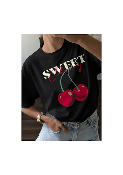 Kadın Coquette Sweet Cherry Baskılı T-shirt Siyah