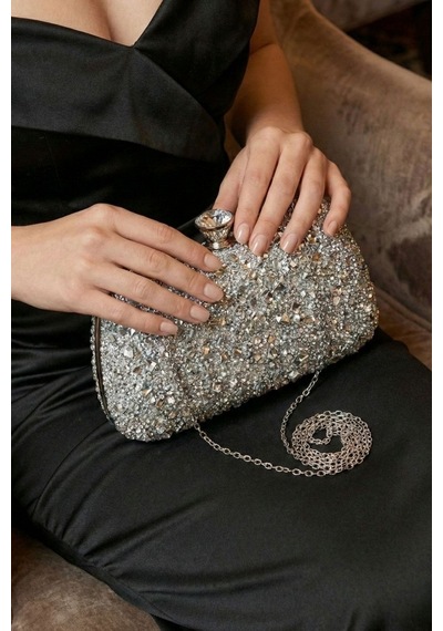 Vivazzaluxe Kristal Taşlı Kadın Abiye, Clutch Çanta Gümüş