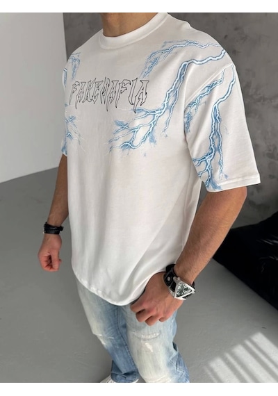 Unisex Bisiklet Yaka Baskılı Oversize T-shirt - Beyaz