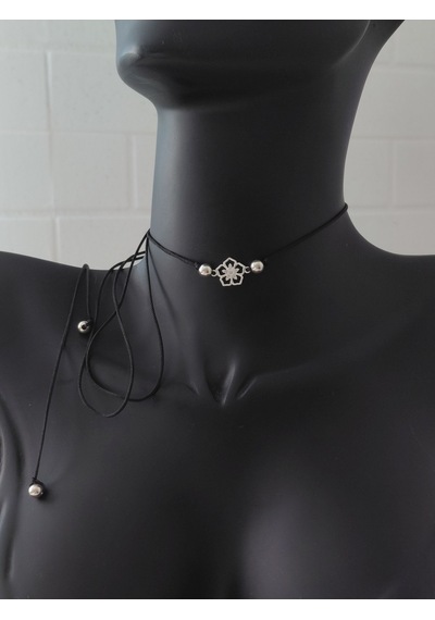925 Ayar Gümüş Zirkon Taşlı Siyah Lotus Çiçek Tasarım Choker Kadın Kolye