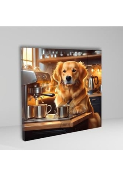 Kare Kanvas Kahve Köşesi Cafe Tablosu Barista Golden Retriever, 70 X 70 -