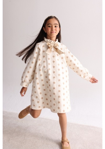 Le Mabelle Bej Yıldız Desenli Kız Çocuk Gabardin Elbise - Poppy Bej