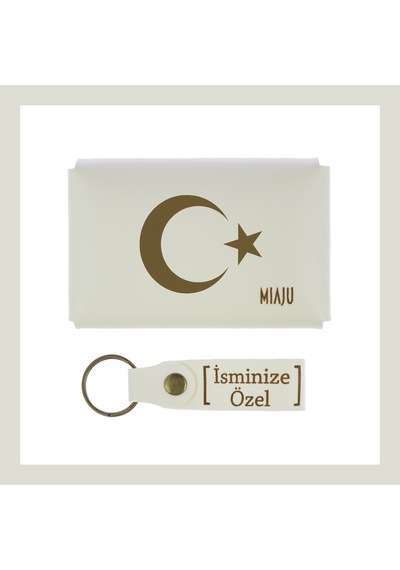Miaju Beyaz Renk, Ayyıldız Desenli, İsmine Özel Cüzdan Ve Anahtarlık Hediyelik Set, Gurur Duyanlar İçin Beyaz