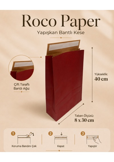 Yapışkan Bantlı Kraft Kese Kağıdı, Bordo Renk, 30x40x10 Cm - 24'lü Paket, Hediye Ve Kargo Zarfı