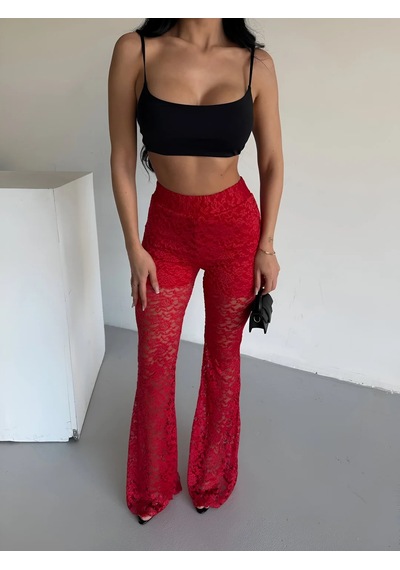 Havens Lace Kabartmalı İspanyol Paça Pantolon Kırmızı
