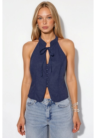 Hiccup Qipao Halter Yaka Düğmeli Top Lacivert