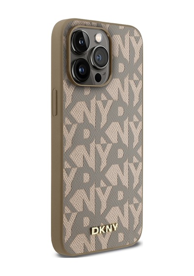 Apple Uyumlu iPhone 15 Pro Max Kılıf Dkny Lisanslı M-safe Şarj Özellikli 3d Yazılı Grid Pattern Kapak Kahverengi