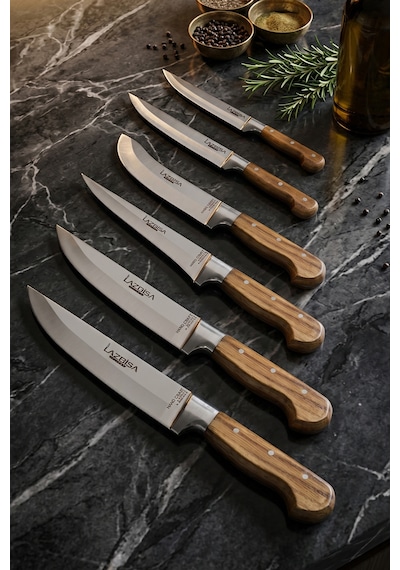 Lazbisa Mtf-038 Hand Craft Mutfak Bıçak Seti Et Ekmek Sebze Bıçağı 6 Lı Set Günlük Kullanım Kahverengi