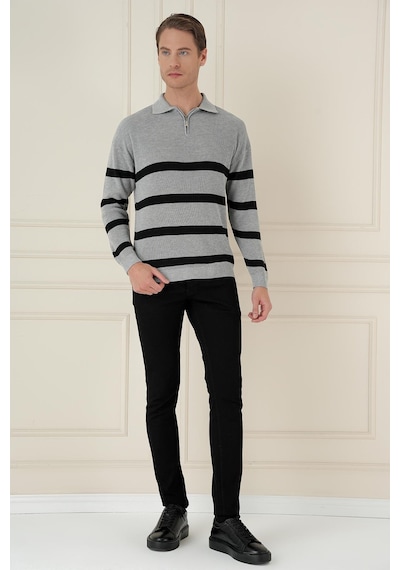 Efor Slim Fit Çizgili Fermuarlı Polo Yaka Gri Triko Kazak Tr 877 Gri