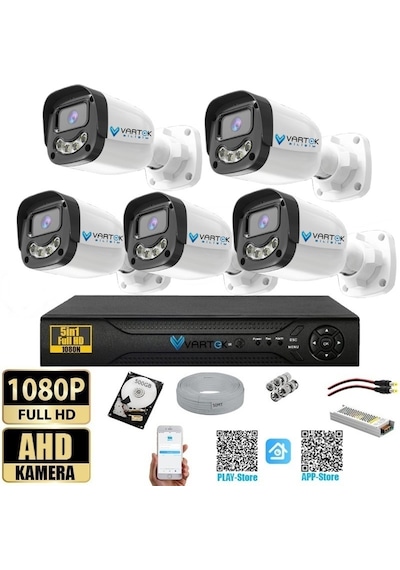 5 Kameralı Full HD Güvenlik Kamera Seti 500GB HDD 5MP Gece (Renkli) Görüşlü - Sabit IP Gerektirmez