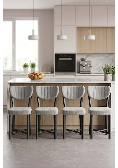 Sandalye 4 Adet Baby Face Kumaş Metal Ayak Modern Mutfak Sandalyesi Cafe Balkon Ofis Elma Gri