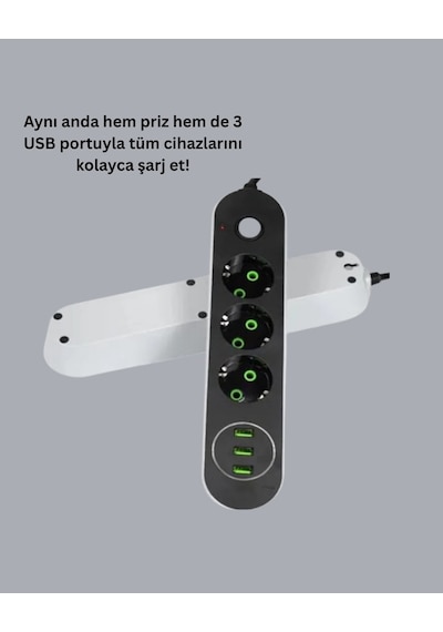 Mey İthalat Akım Korumalı Anahtarlı Usb Girişli Üçlü Priz