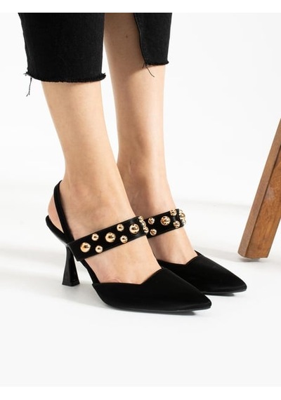 Feles Zımba Detaylı Topuklu Arkası Açık Kadın Stiletto Ayakkabı Siyah