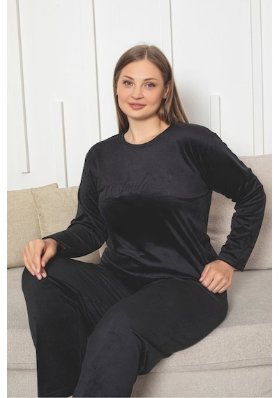 Büyük Beden Kırmızı Likralı Soft Kadife Pijama Takımı Siyah