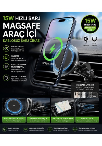 Kablosuz Hızlı Şarj Özellikli Araç İçi Telefon Tutucu Kablosuz Şarj Magsafe Destekli Klima Bölmesi Şarj Cihazı