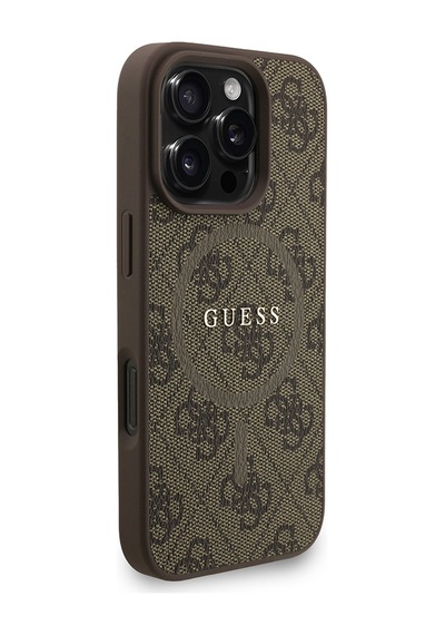 Apple iPhone 16 Pro Uyumlu Kılıf Guess Lisanslı M safe Bilek Askı İpli Yazı Logolu Kapak Kahverengi