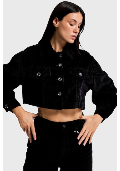 Kadın Siyah Renk 26w5-1 Crop Fit Düğmeli Kalın Fitilli Velvet Kadife Kumaş Ceket