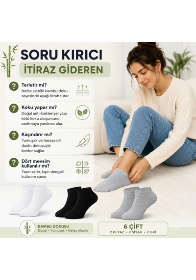Genel Kadın Bambu Patik Çorap 12'li Nefes Alan Nem Emici Yumuşak, Siyah Beyaz Çok Renkli 12'li / 36-40