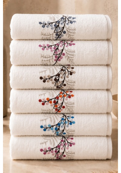 Nakışlı Kadife 6'lı 50x90 El, Yüz & Baş Havlu Seti - Çeyizlik Havlu Seti, 1200gr, Premium, Yumuşak, Emici Ve Dayanıklı Krem