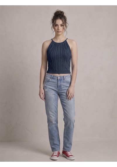 Neden Tekstil Kadın Triko Örme Halter Yaka Crop Bluz - Lacivert