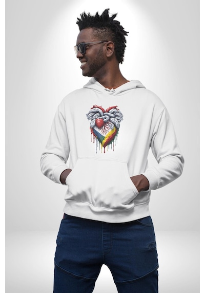 Kalp Damar Renkli Boyalı Kadın Erkek Beyaz Kapüşonlu Sweatshirt Hoodie Beyaz