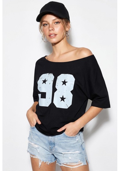 Shade Kadın Kayık Yaka Baskılı Oversize %100 Pamuk T-shirt Öt100005 60286270 - Siyah