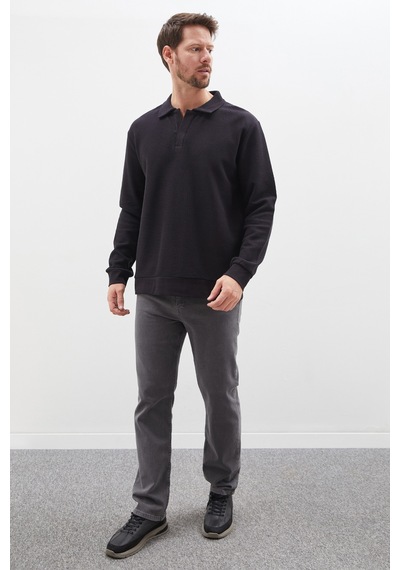Fullamoda Petek Kumaş Apaş Yaka Regular Sweatshirt Siyah