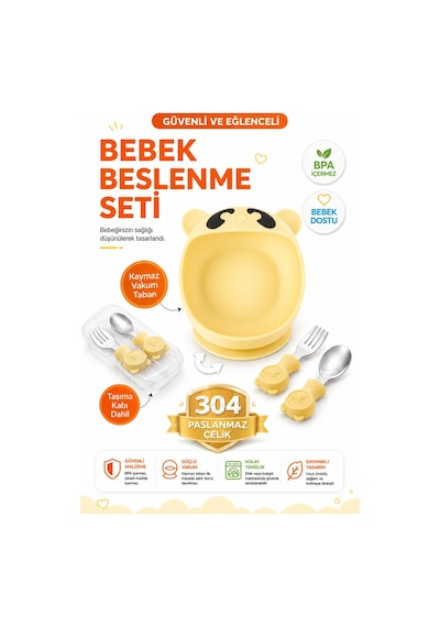 Premium Çocuk Vakumlu Silikon Beslenme Mama Kase, Paslanmaz Çelik Çatal-kaşık /9+ Ay Sarı