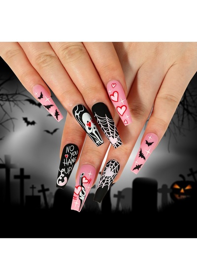 Halloween Korku Maskeli Özel Tasarım Uzun Düz Takma Tırnak Seti 24 Adet - Siyah