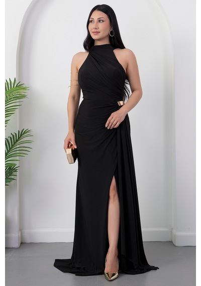 Kalopya Halter Yaka Drapeli Tokalı Abiye Elbise Ecr5862 Siyah