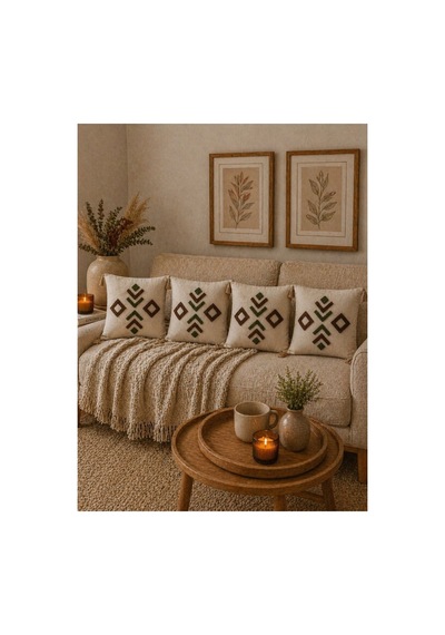 Punch Nakışlı Kırlent Kılıfı 45x45 Cm Kırlangıç Home Çapa Çiçek Desenli Gold-kahve-yeşil