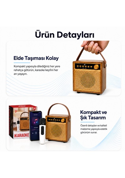 Kts-1865 3 Ahşap Hoparlör Kablosuz Mikrofonlu Taşınabilir Karaoke Sistemi Party Box Eğlence Paketi
