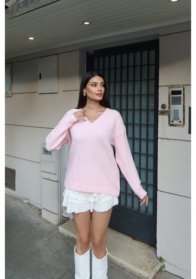 Kechi Woman V Yaka Oversize Triko Kazak Pembe