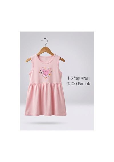 Ketbaby Kız Çocuk Kalp Desenli Pembe Elbise 1-6 %100 Pamuklu 1-6 Yaş Pembe Pembe