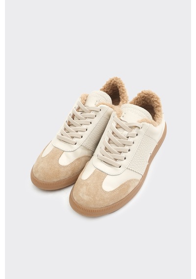 Derinet Hakiki Deri Comfort Taban Kürklü Kadın Sneaker Bej Bej