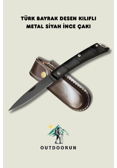 Türk Bayrak Desen Kılıflı Metal Siyah İnce Kamp Çakı - 15,5 Cm siyah