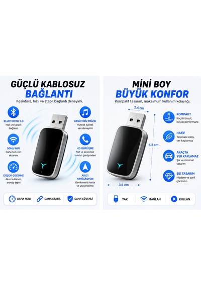 Hpytech Kablosuz Carplay Android Auto Dönüştürücü Usb & Type-c Mini Adaptör Wireless Carplay Dongle Tak Çalıştır Bluetooth 5.0 5ghz Wifi İphone & Android Uyumlu