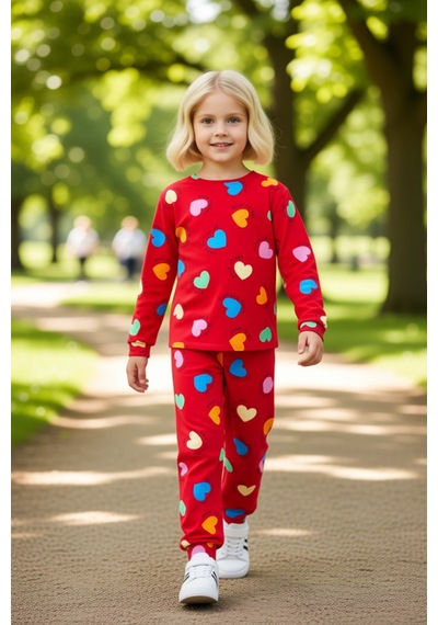 Ersefa Kız Çocuk Pamuk Polyester Örme Kalp Baskılı Pijama Takımı Kalitel Kırmızı