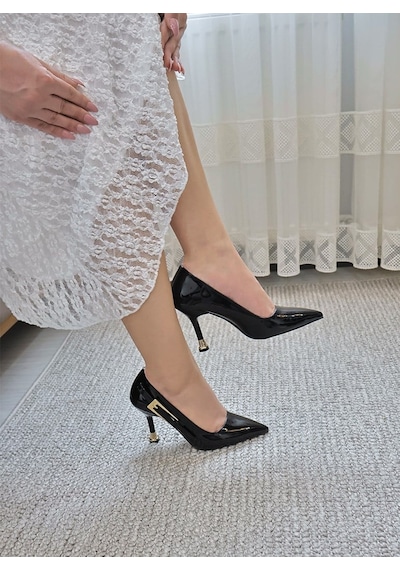 Asmi Shoes Kadın Jenny Siyah Rugan Stiletto Topuklu Ayakkabı