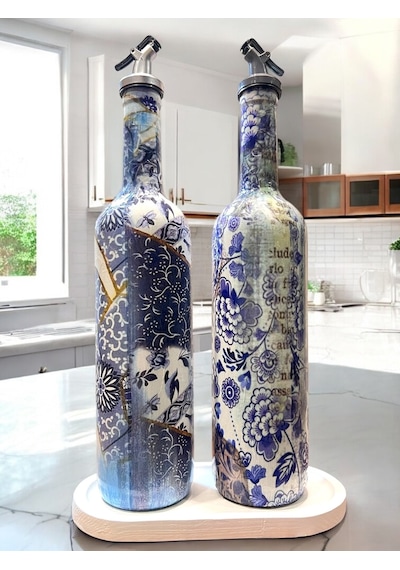 Mavi-beyaz Renkli Seramik Ve Porselen Motifli Vintage Yağdanlık Set, Sosluk, Sirkelik Açık Mavi