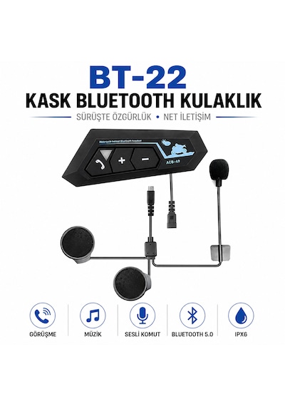 Bt-22 Kask Bluetooth Kulaklık 5.0 Motosiklet Intercom, Mikrofonlu, Ip67 Su Geçirmez, Sesli Komut Destekli