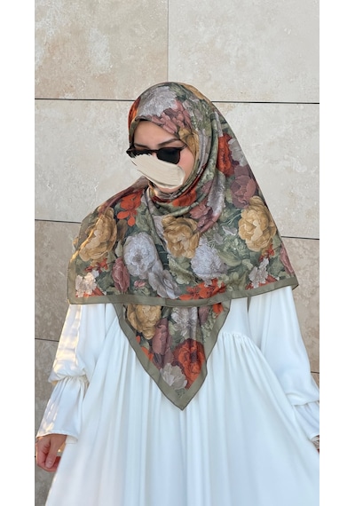 Qalortex Scarf Pamuklu Gonca Desen Eşarp - Haki