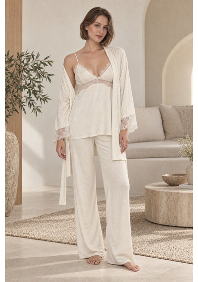 Loule Bej Melanj Kirpik Dantelli Modal Sabahlıklı Pijama Takımı