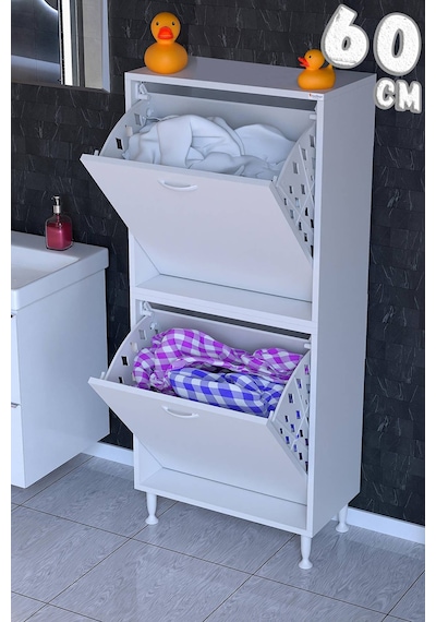 Deniz 2 Katlı Kirli Sepeti, Çok Amaçlı Banyo Dolabı - 60 X 138 X 32,5 Cm 60 Cm