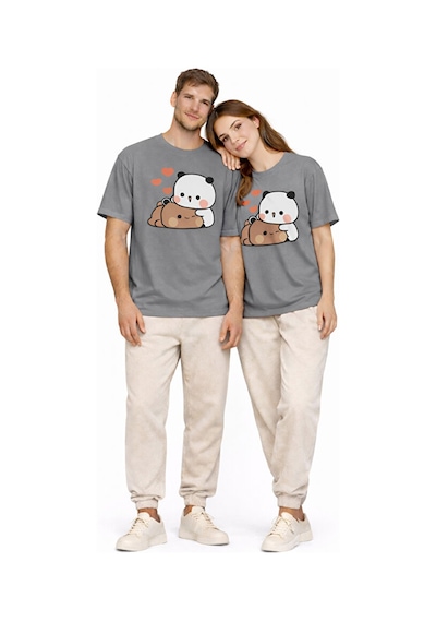 Sevimli Panda Baskılı Sevgili Kombini Çift Tişört Oversize Unisex Çok Renkli